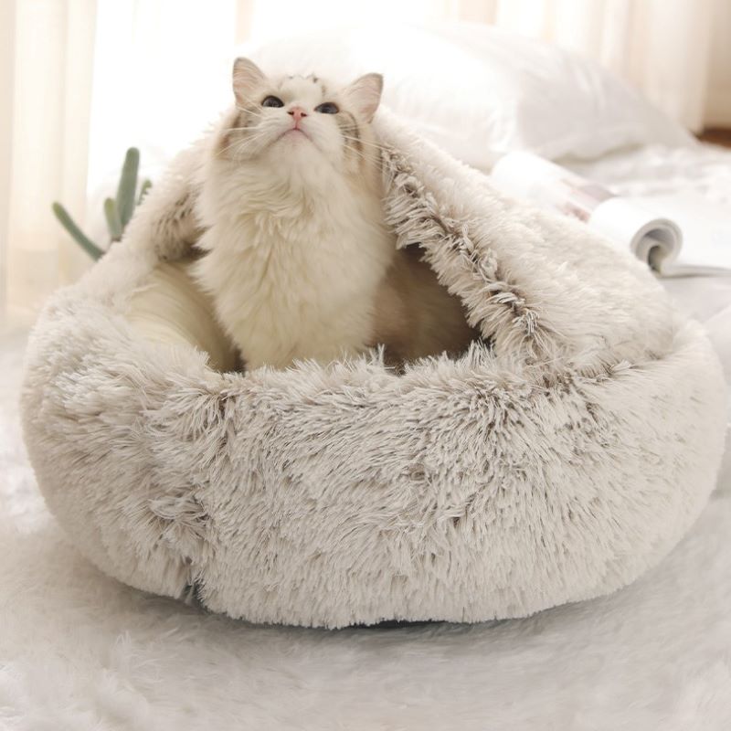 Cozy Cat Cave Bed Made of Soft Cotton – Round Shape for Stress Relief and Joint Support, Easy to Clean 1
