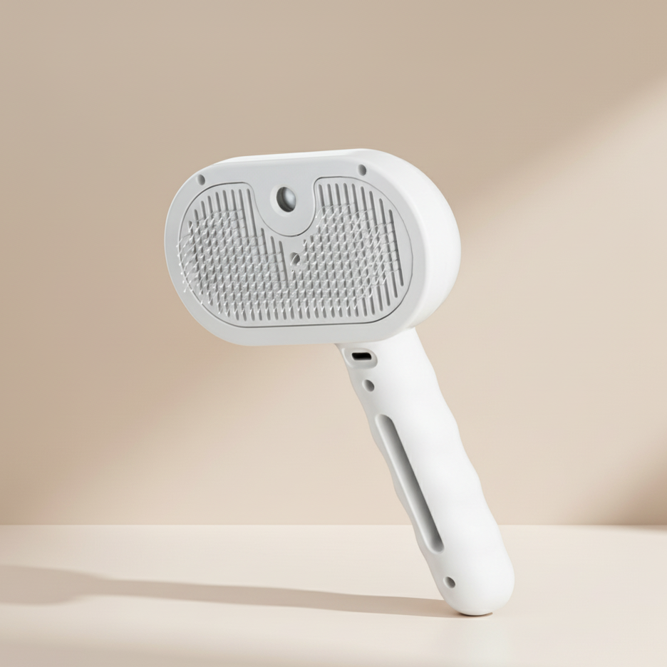 White handheld grooming brush on a beige background
