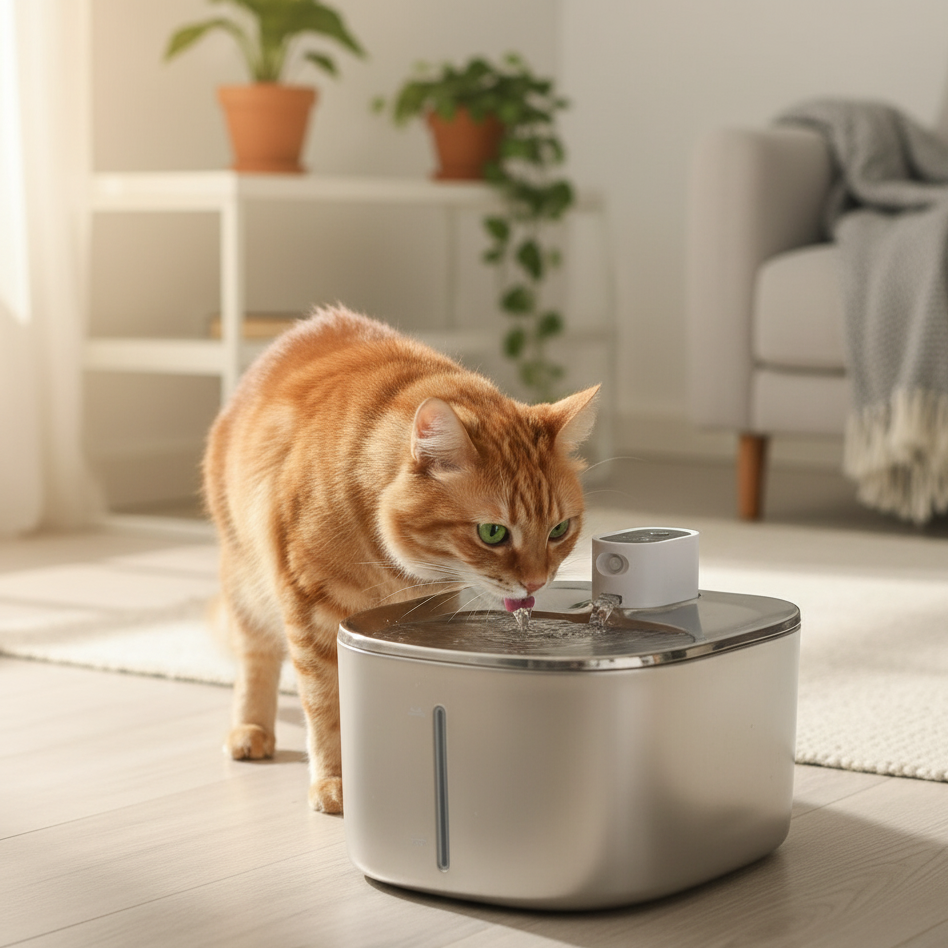 Cat drinking from a modern pet water fountain in a home setting