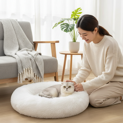 Woman petting a cat on a fluffy white pet bed in a cozy living room.