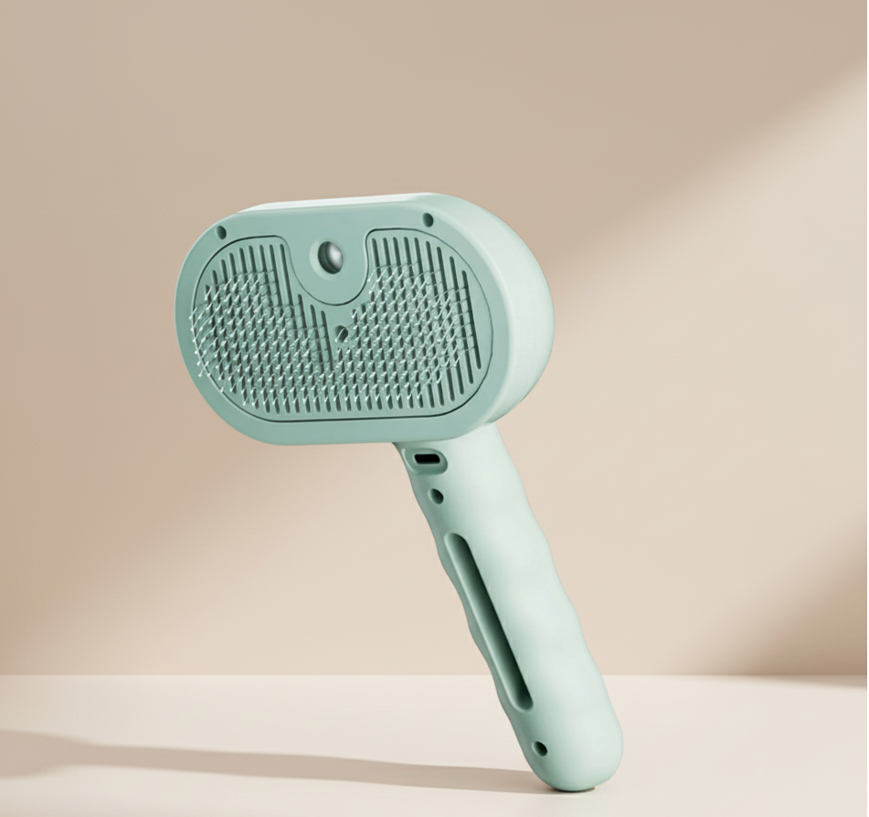 Light blue handheld grooming brush on a beige background