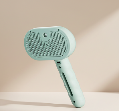 Light blue handheld grooming brush on a beige background