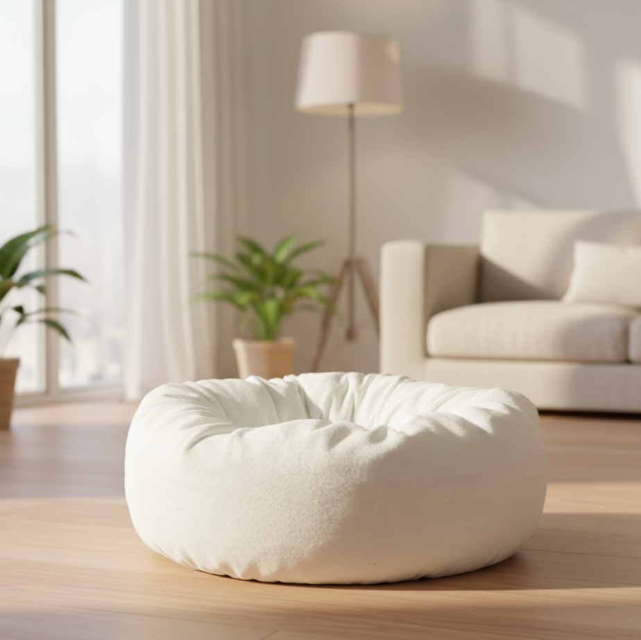 White bean bag chair in a living room with a couch and plants.