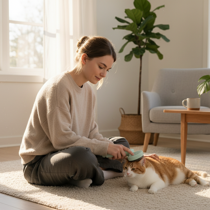Woman petting a cat on the floor in a bright living room.