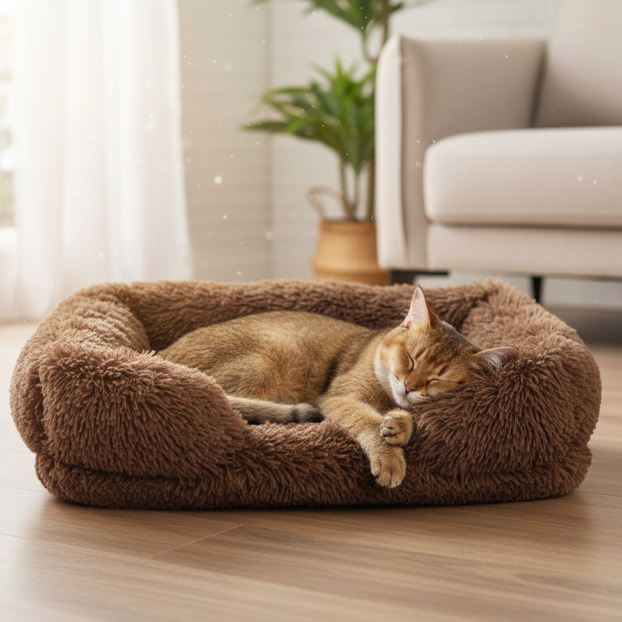 Cat sleeping on a brown plush pet bed in a cozy living room.