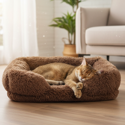 Cat sleeping on a brown plush pet bed in a cozy living room.