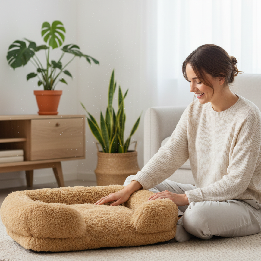 Woman sitting on a rug with a fluffy brown pet bed in a cozy living room.