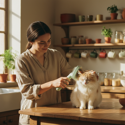 Woman grooming a cat on a wooden table in a cozy kitchen.