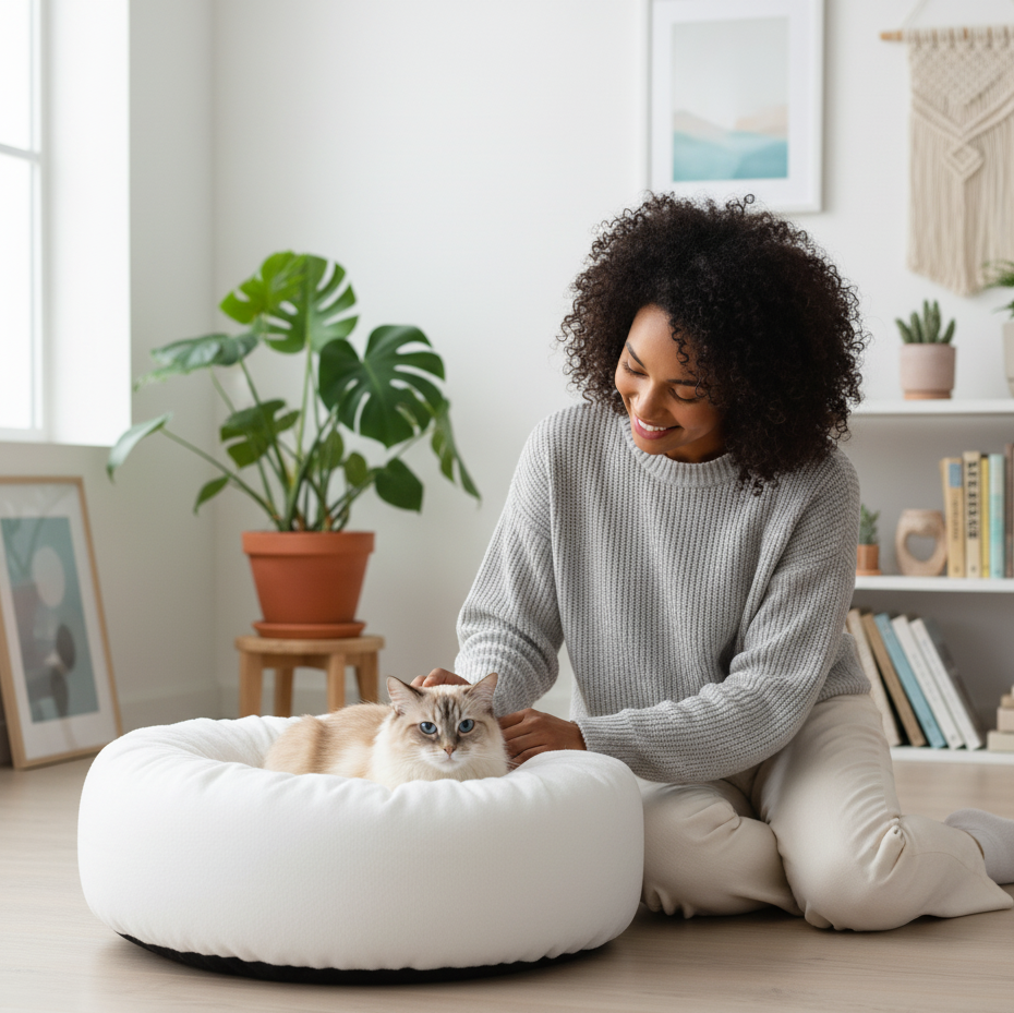 Woman sitting on the floor with a cat on a white pet bed in a cozy room.