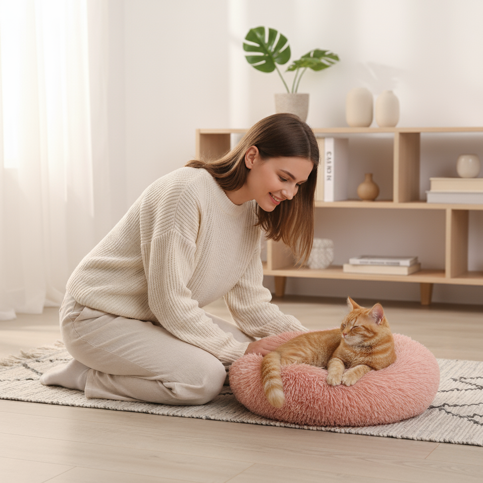 Woman sitting on the floor with a cat on a fluffy pink pet bed in a cozy living room.