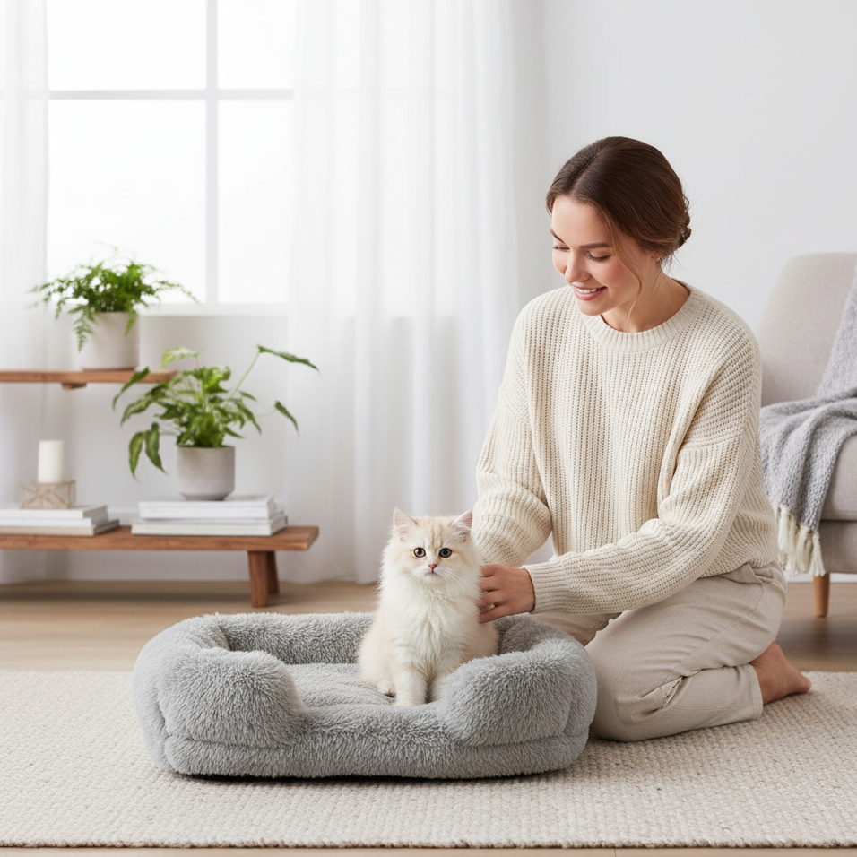 Woman petting a white cat on a fluffy gray pet bed in a bright living room.