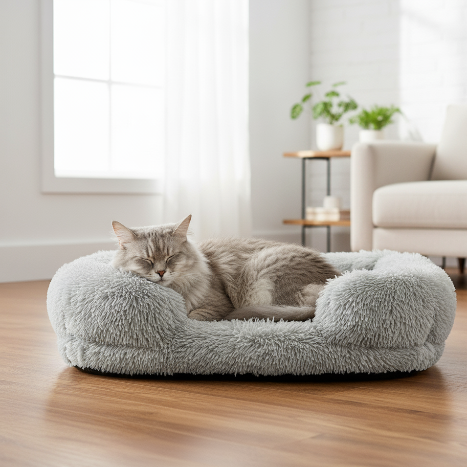Cat sleeping on a fluffy gray pet bed in a bright room with a couch and plants.