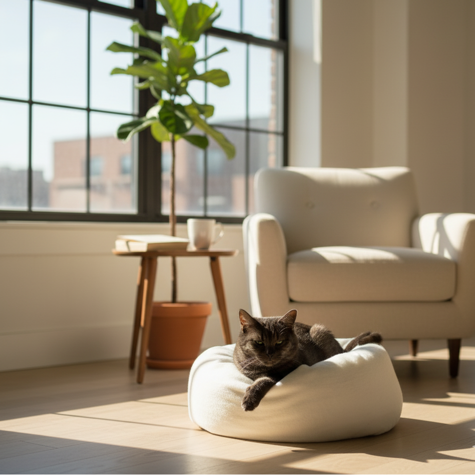 Cat lounging on a white cushion in a sunlit room with a beige armchair and a plant.