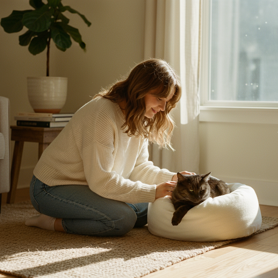 Woman petting a cat on a white cushion in a sunlit room