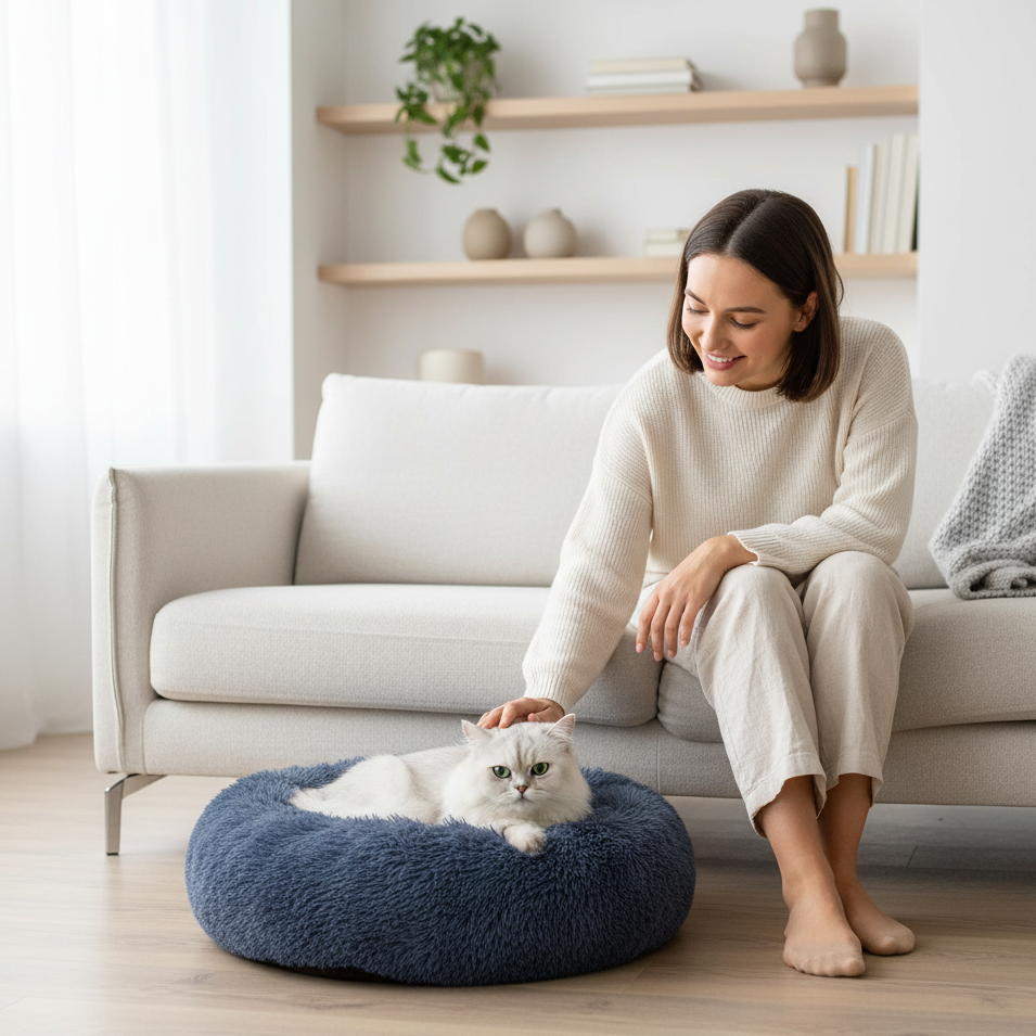 Woman sitting on a couch with a cat on a blue cushion in a bright living room.