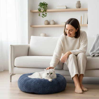 Woman sitting on a couch with a cat on a blue cushion in a bright living room.