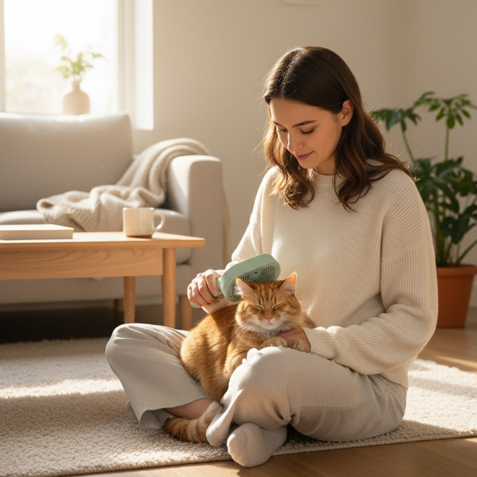 Woman grooming a cat on a rug in a cozy living room.