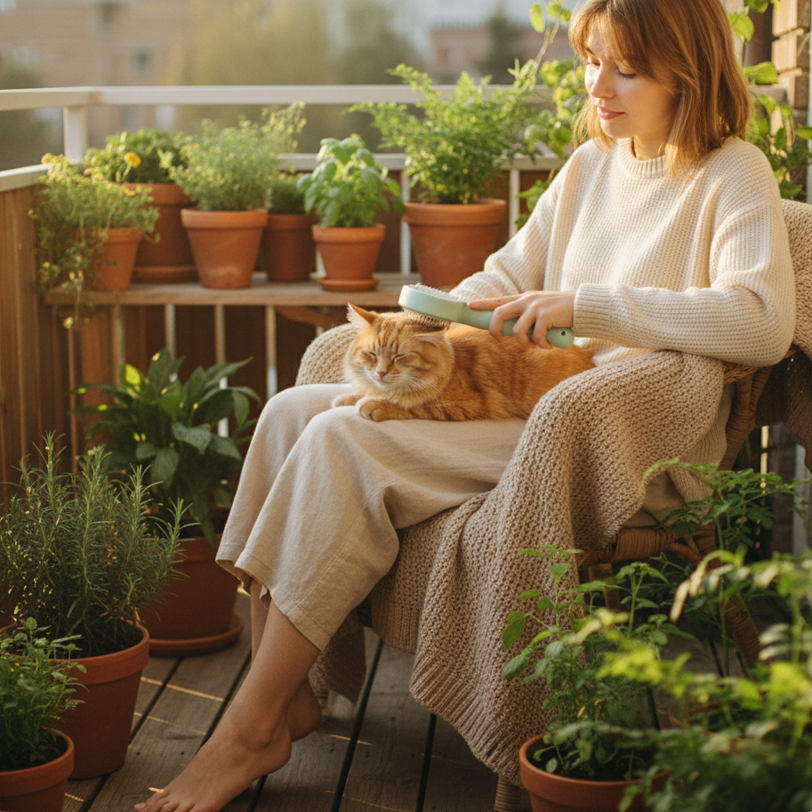 Woman sitting on a balcony with a cat, surrounded by potted plants