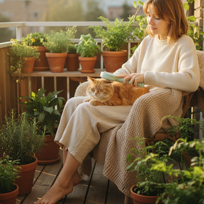 Woman sitting on a balcony with a cat, surrounded by potted plants