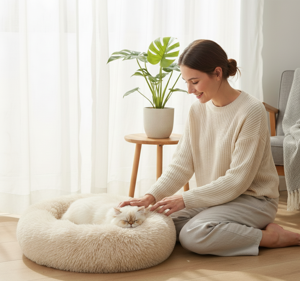 Woman petting a cat on a fluffy white cushion in a bright room with a plant and chair.