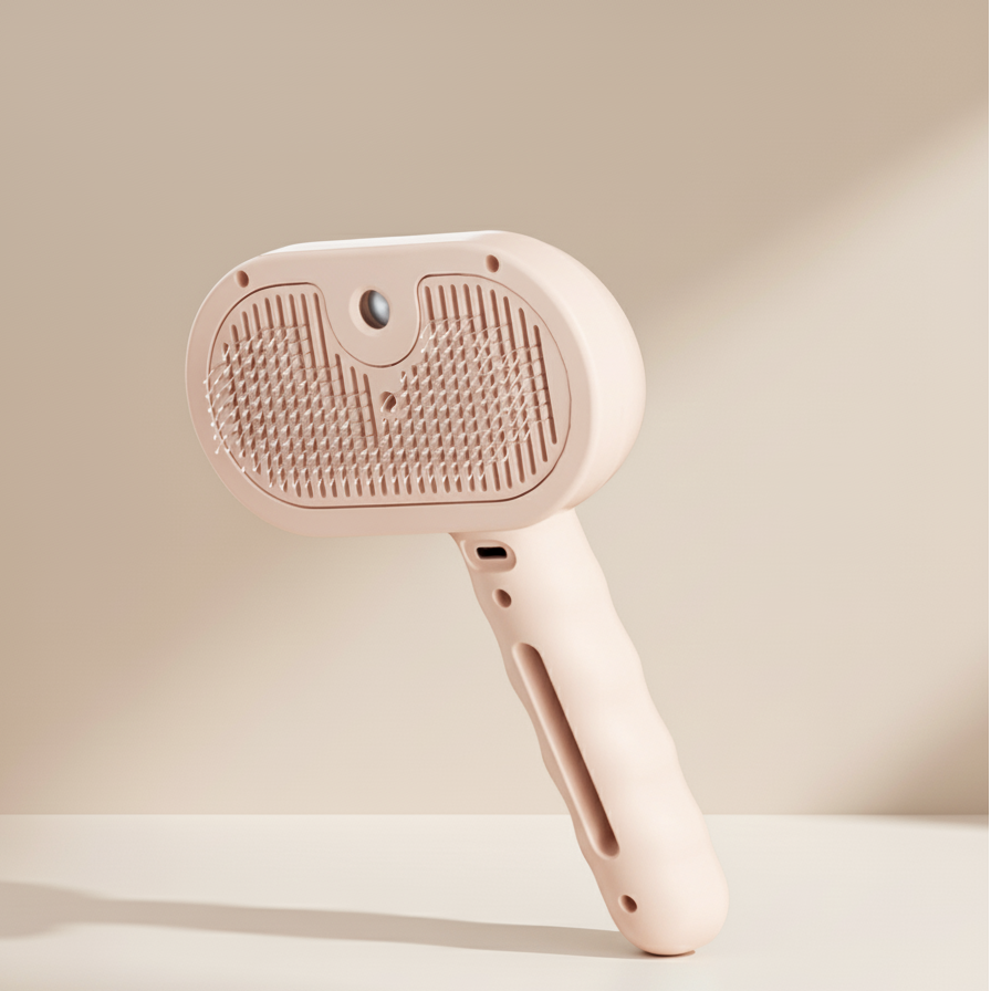 Pink pet grooming brush on a beige background
