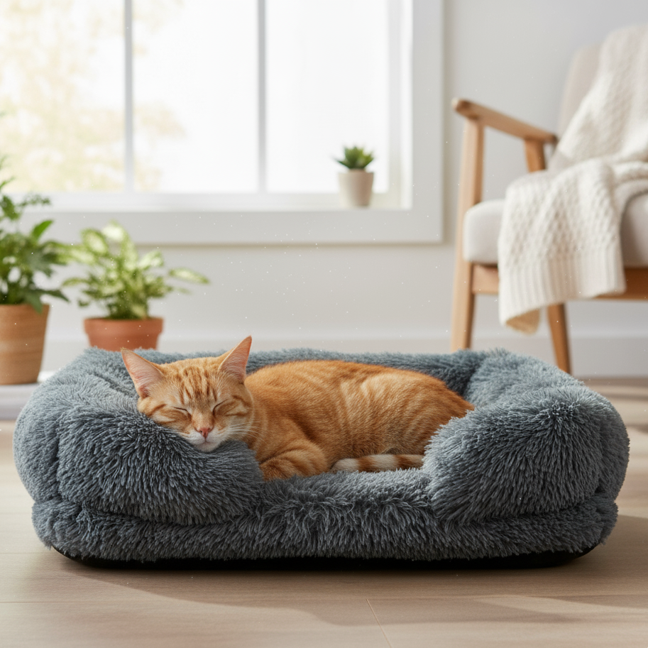 Cat sleeping on a fluffy gray pet bed in a cozy room with plants and a chair.