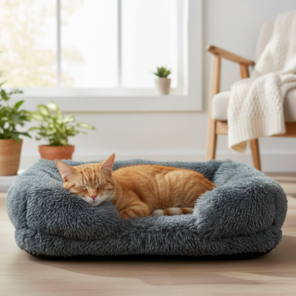Cat sleeping on a fluffy gray pet bed in a cozy room with plants and a chair.