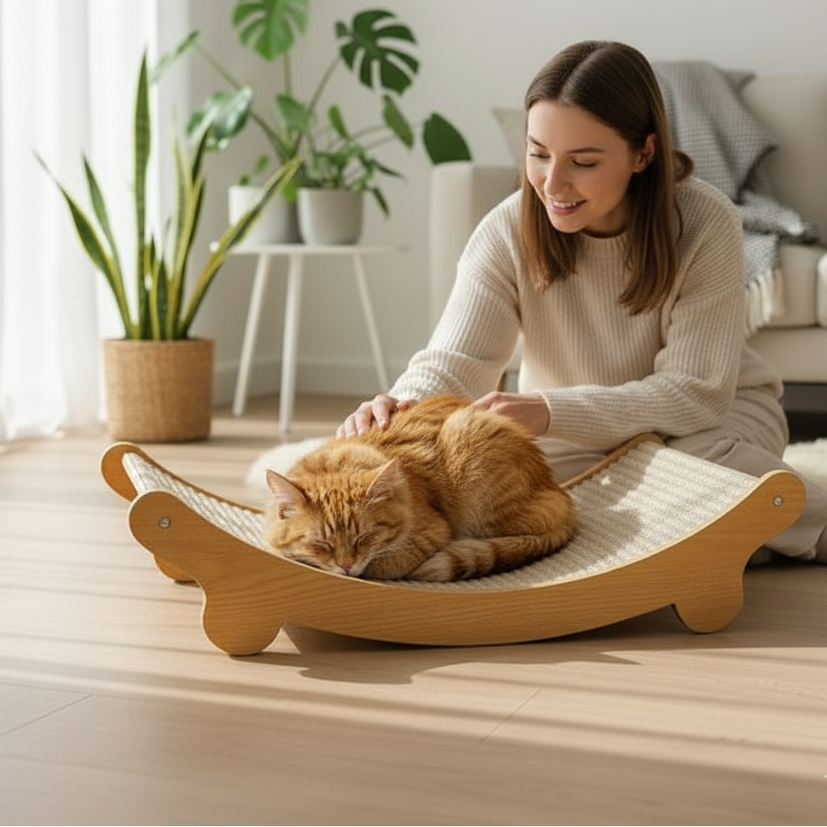 Woman petting an orange cat on a wooden cat bed in a bright living room.