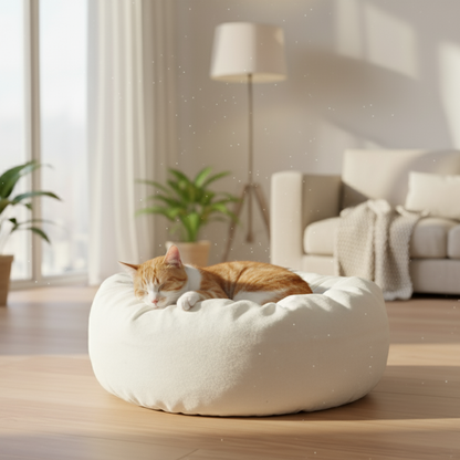 Cat sleeping on a white pet bed in a bright living room.