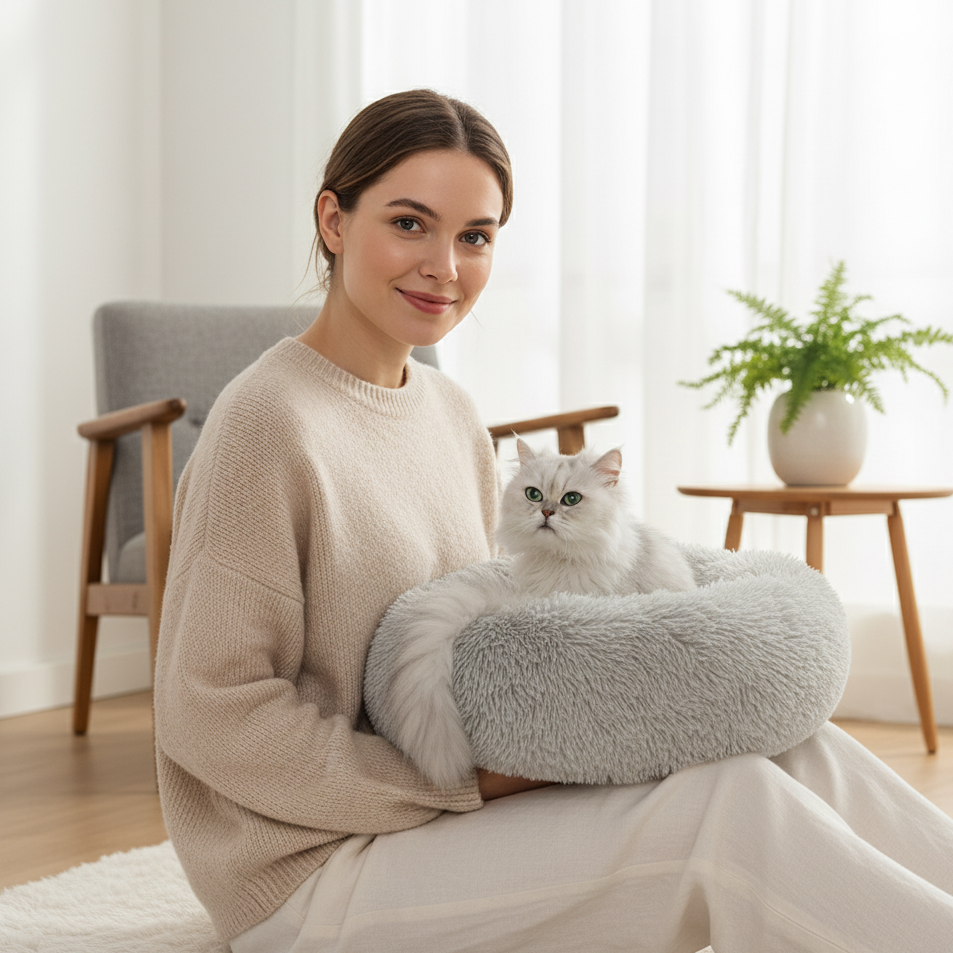 Woman sitting on the floor with a fluffy cat bed and a white cat inside, in a bright room.
